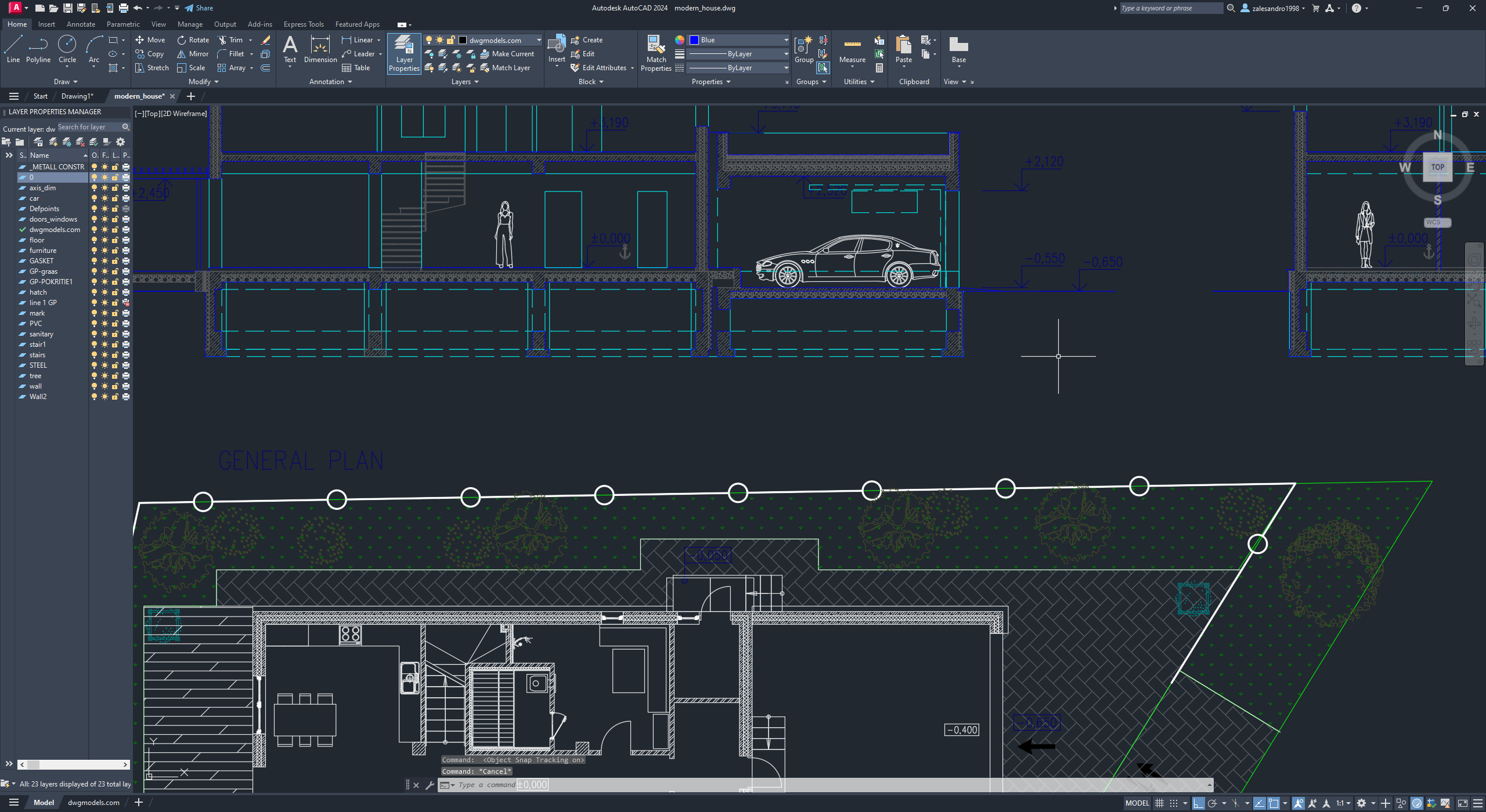 Modern house drawn in AutoCAD 2024, CADInnovate